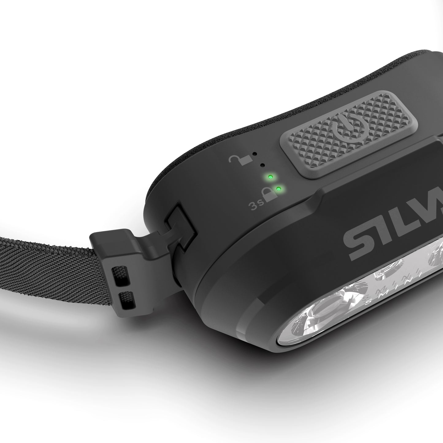 Silva Smini hoofdlamp - Close-up van de batterij-indicator voor eenvoudig opladen en energiebewaking.